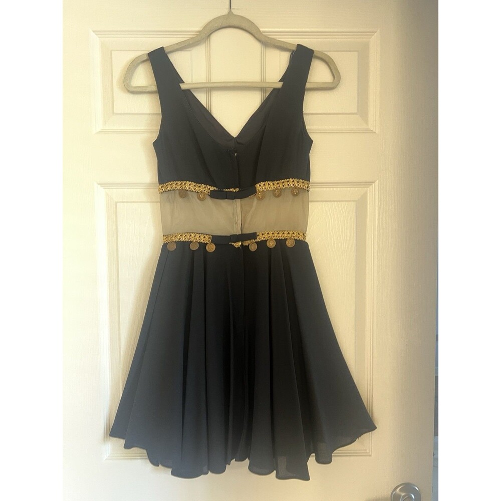 Vtg 60s Black Cocktail Dress XS Gold Coin Trim Mesh Midriff Asymmetrical Hem Mod - Picture 3 of 8